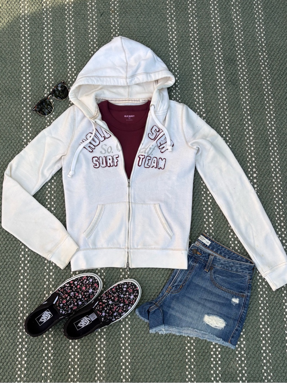 Hollister Cream Zip Hoodie with Maroon Surf Team Embroidery